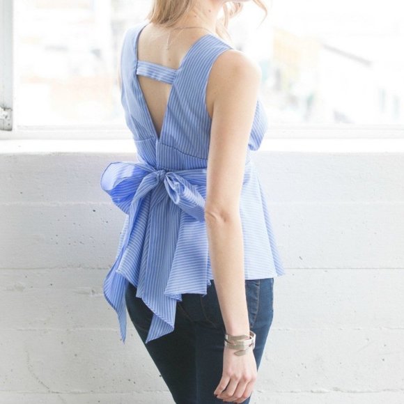 Sleeveless Blue Stripes Wrap Peplum Blouse - Picture 2 of 4